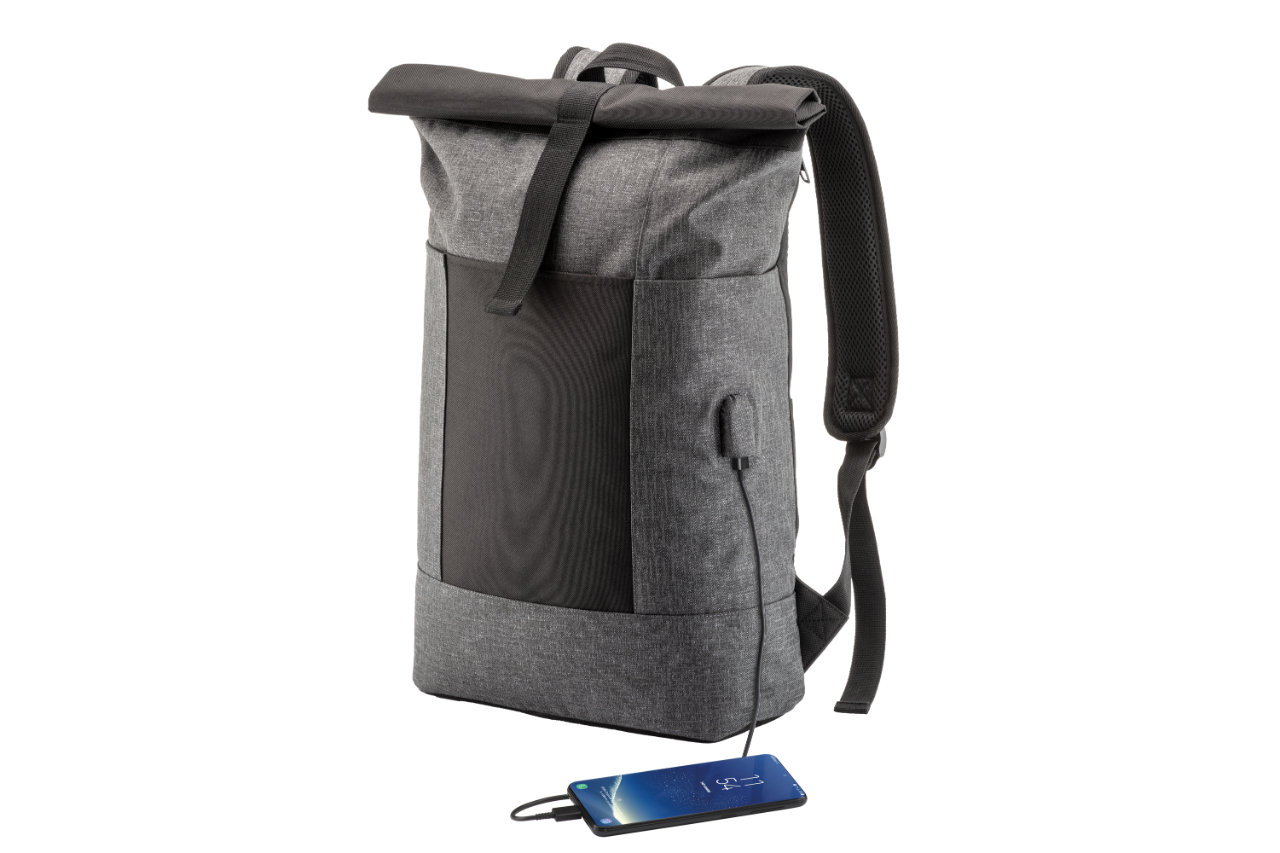 <p>Sipec's laptop backpack with USB charger is made of a type of polyester containing reflective pigments to make the imprinted brand visible </p>
